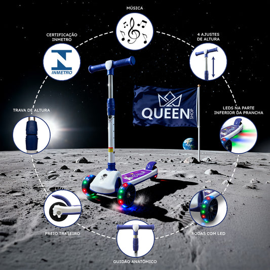 Patinete Premium Azul Menino 4 a 10 anos Até 80kg - Luz Musica Roda Gel Led 4 Alturas Rolamento de Aço - Inmetro
