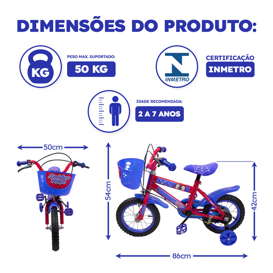 Bicicleta Aro 12 Spider Bike Rodas Aço - Pneu Automotivo - Freio VBrake Alta Durabilidade Cert. Inmetro