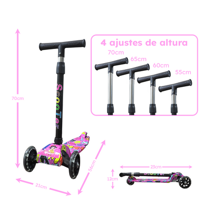 Patinete Menina Rosa Rodas LED Colorido Até 25kg | A partir de 3 Anos | Ajuste 4 Alturas | Dobrável | Cert Inmetro