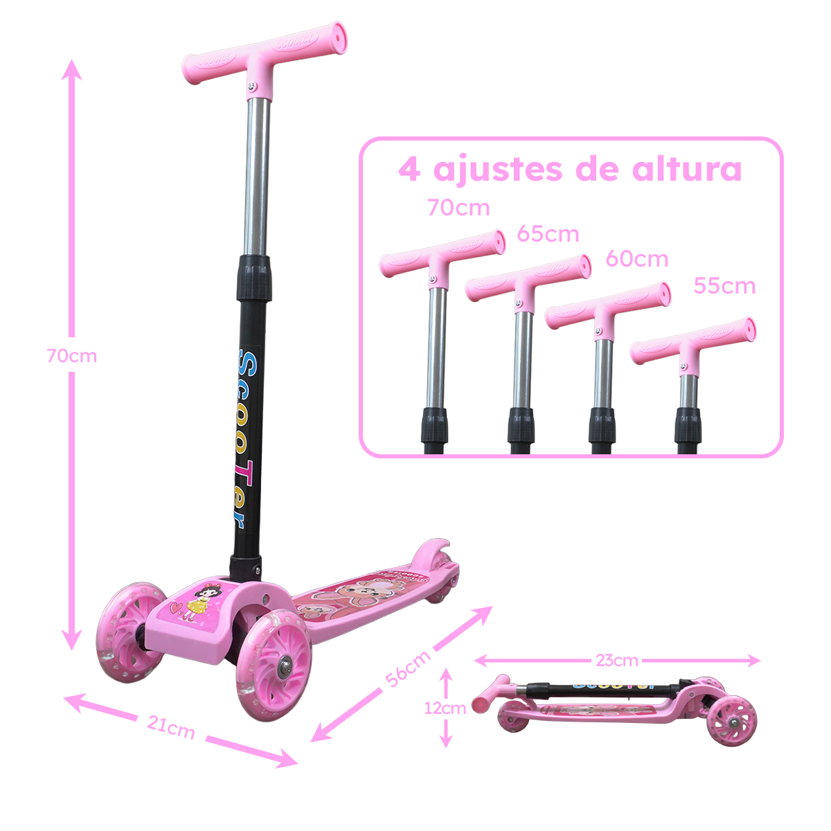 Patinete Menina Rosa Dobrável LED nas Rodinhas | Alumínio | +3 anos | Suporta até 25kg |Certificado Inmetro