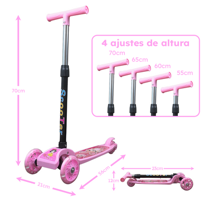Patinete Menina Rosa Dobrável LED nas Rodinhas | Alumínio | +3 anos | Suporta até 25kg |Certificado Inmetro