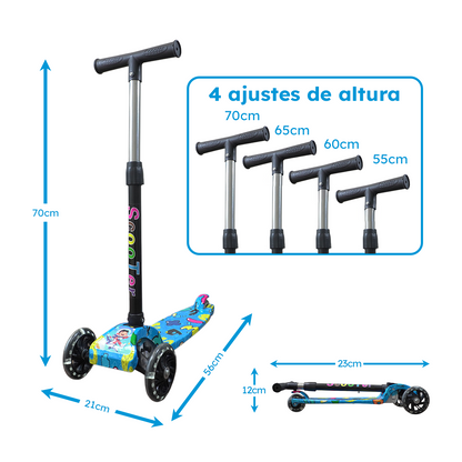 Patinete Infantil LED Menino Azul Até 25kg | A partir de 3 Anos | Ajuste 4 Alturas | Dobrável | Cert Inmetro