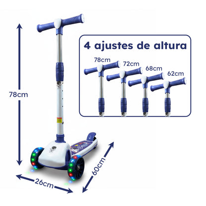Patinete Premium Azul Menino 4 a 10 anos Até 80kg - Luz Musica Roda Gel Led 4 Alturas Rolamento de Aço - Inmetro