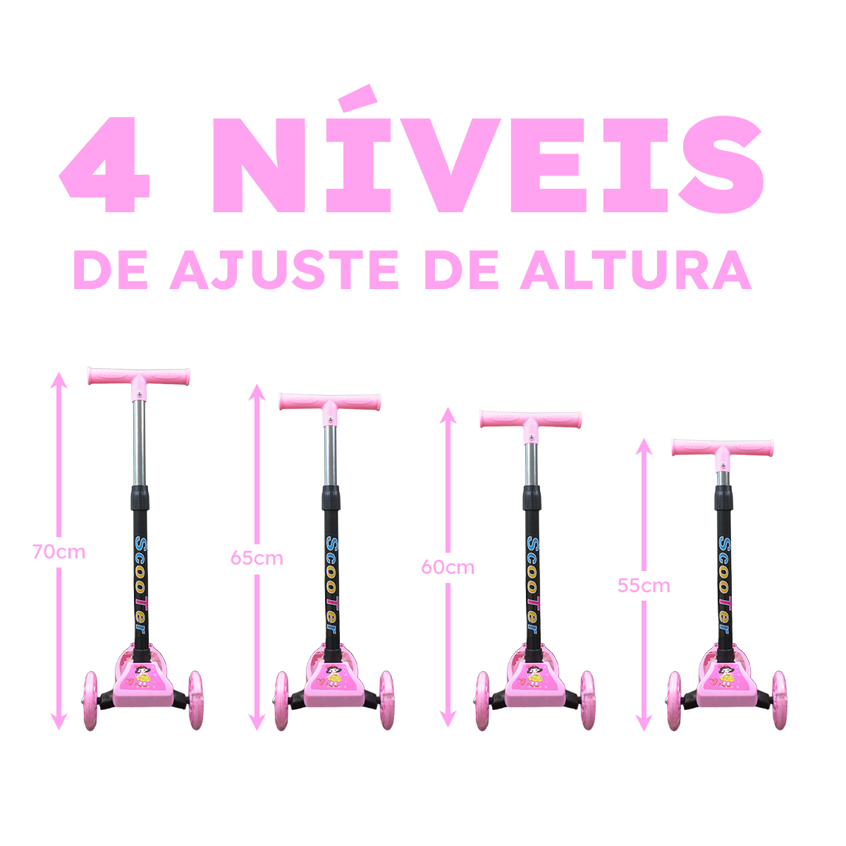 Patinete Menina Rosa Dobrável LED nas Rodinhas | Alumínio | +3 anos | Suporta até 25kg |Certificado Inmetro