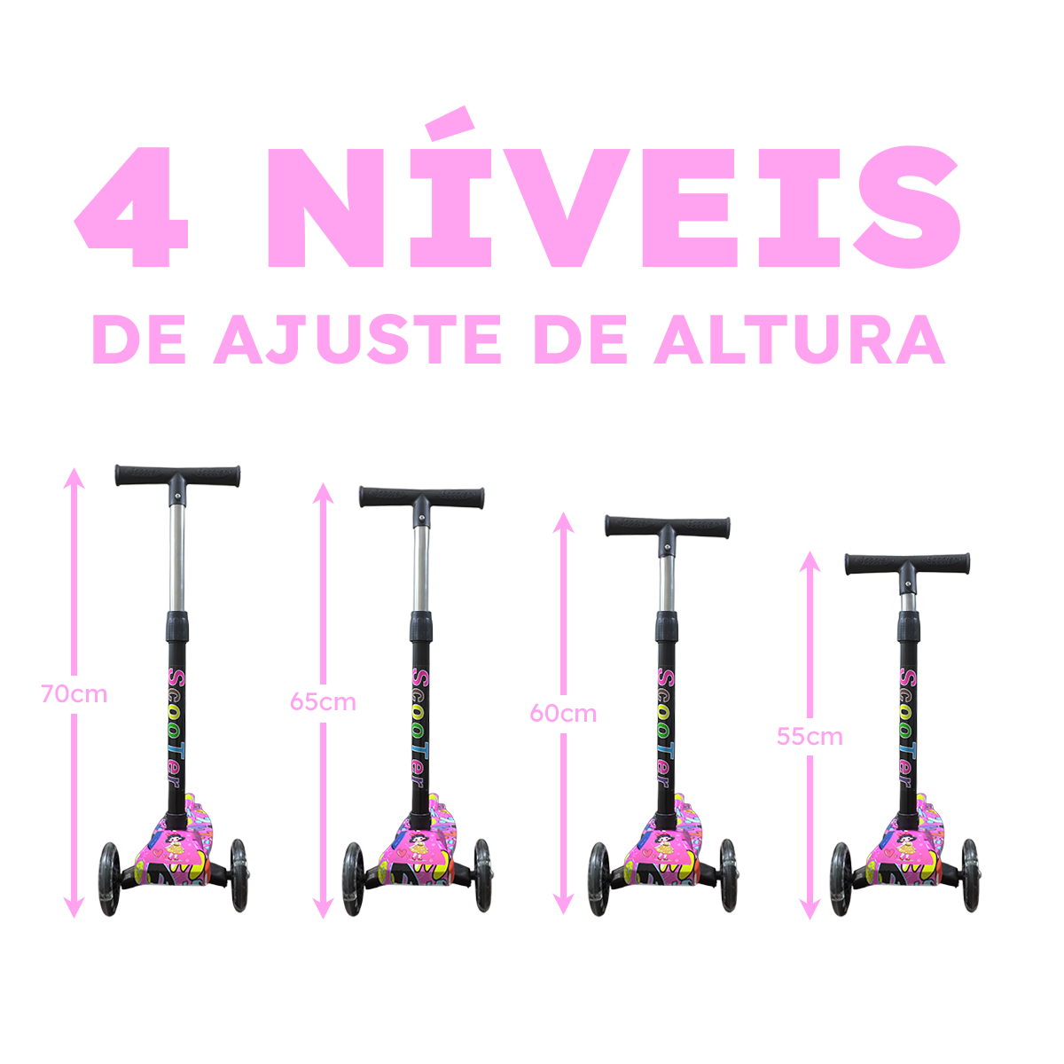 Patinete Menina Rosa Rodas LED Colorido Até 25kg | A partir de 3 Anos | Ajuste 4 Alturas | Dobrável | Cert Inmetro