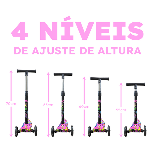 Patinete Menina Rosa Rodas LED Colorido Até 25kg | A partir de 3 Anos | Ajuste 4 Alturas | Dobrável | Cert Inmetro