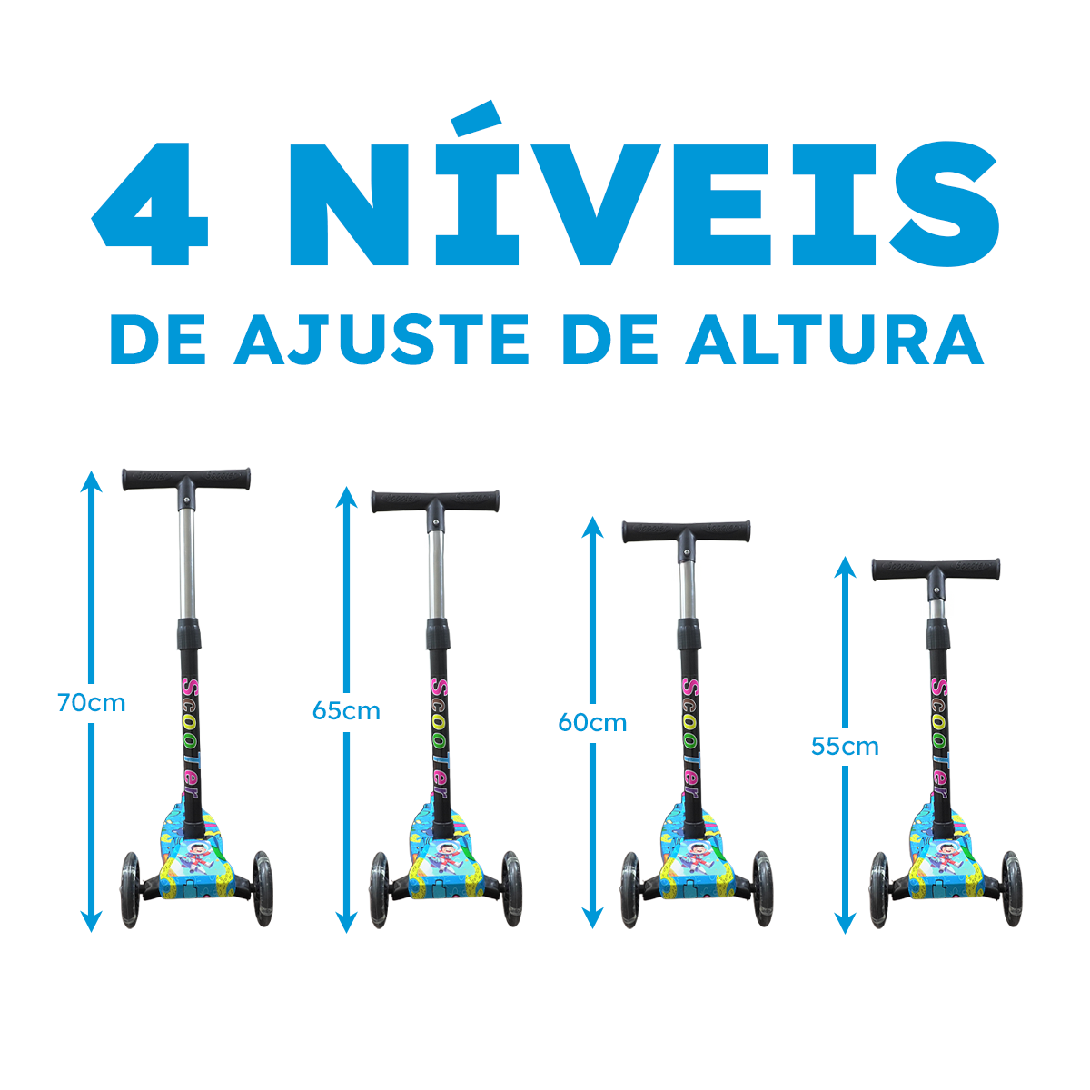 Patinete Infantil LED Menino Azul Até 25kg | A partir de 3 Anos | Ajuste 4 Alturas | Dobrável | Cert Inmetro