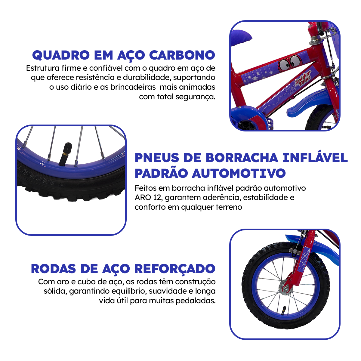 Bicicleta Aro 12 Spider Bike Rodas Aço - Pneu Automotivo - Freio VBrake Alta Durabilidade Cert. Inmetro