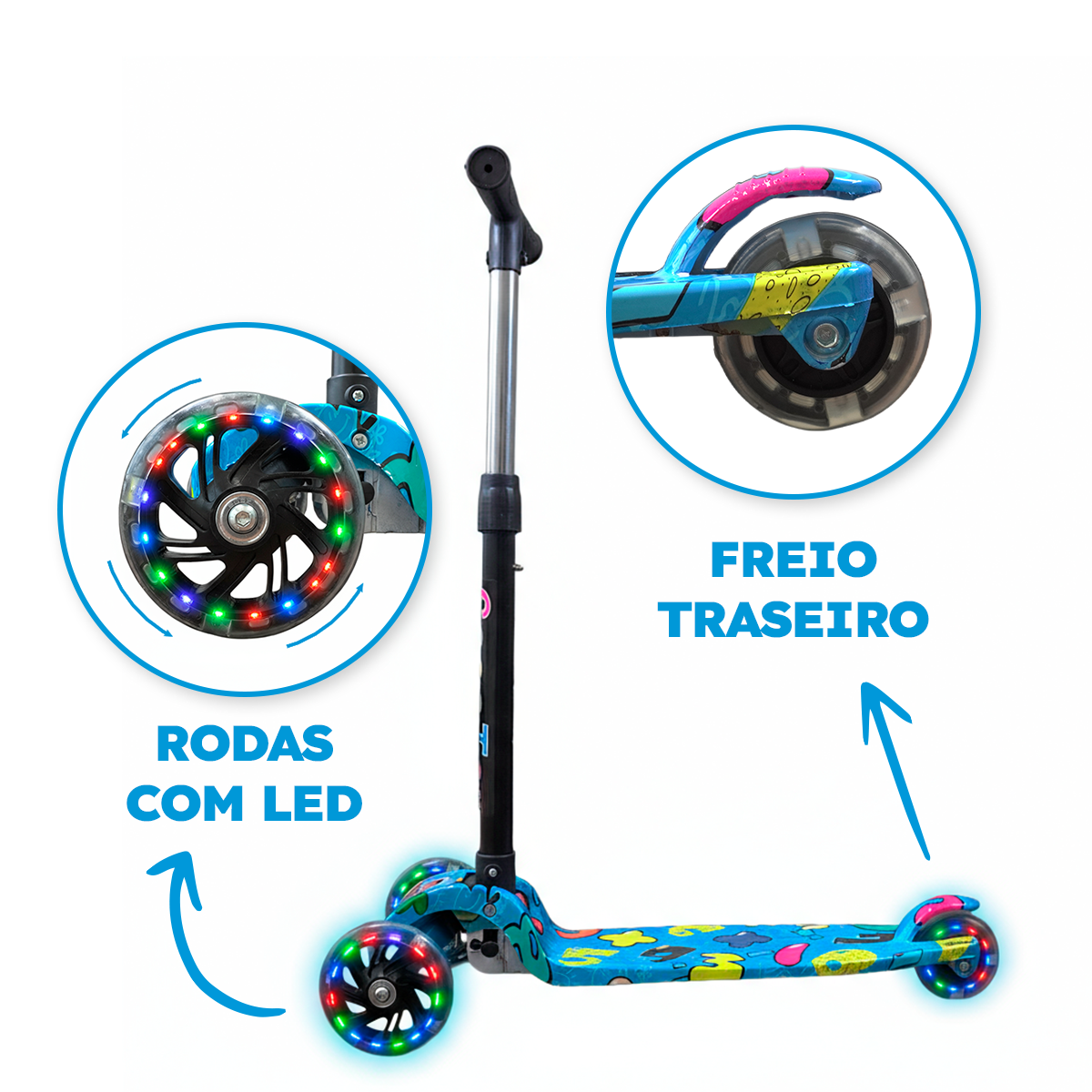 Patinete Infantil LED Menino Azul Até 25kg | A partir de 3 Anos | Ajuste 4 Alturas | Dobrável | Cert Inmetro