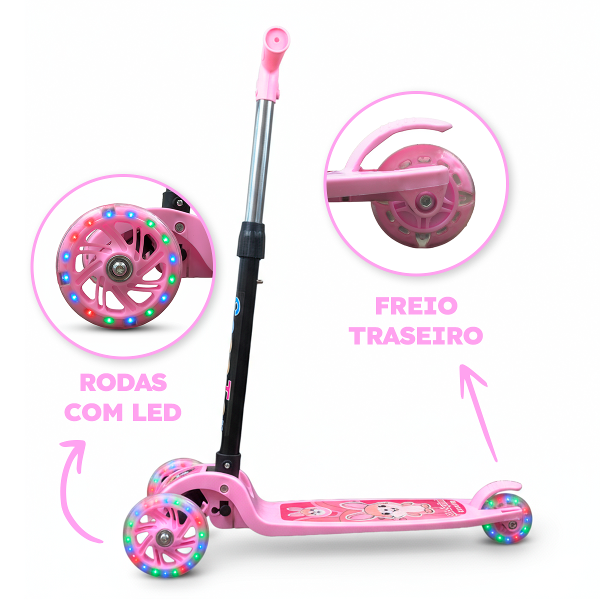 Patinete Menina Rosa Dobrável LED nas Rodinhas | Alumínio | +3 anos | Suporta até 25kg |Certificado Inmetro