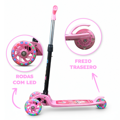 Patinete Menina Rosa Dobrável LED nas Rodinhas | Alumínio | +3 anos | Suporta até 25kg |Certificado Inmetro
