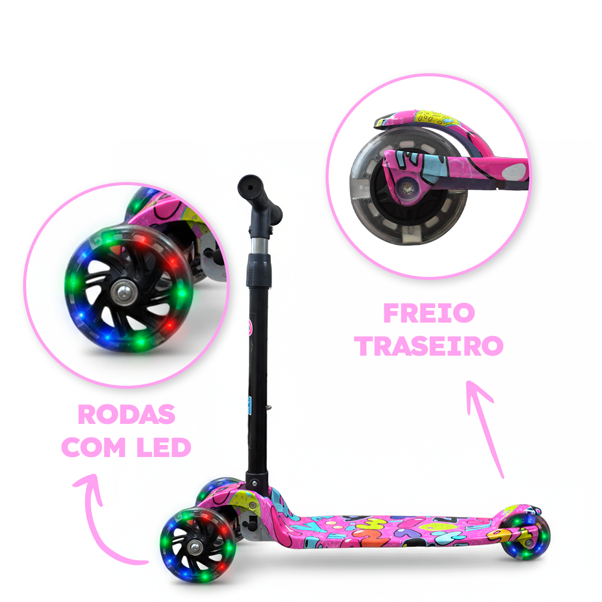 Patinete Menina Rosa Rodas LED Colorido Até 25kg | A partir de 3 Anos | Ajuste 4 Alturas | Dobrável | Cert Inmetro