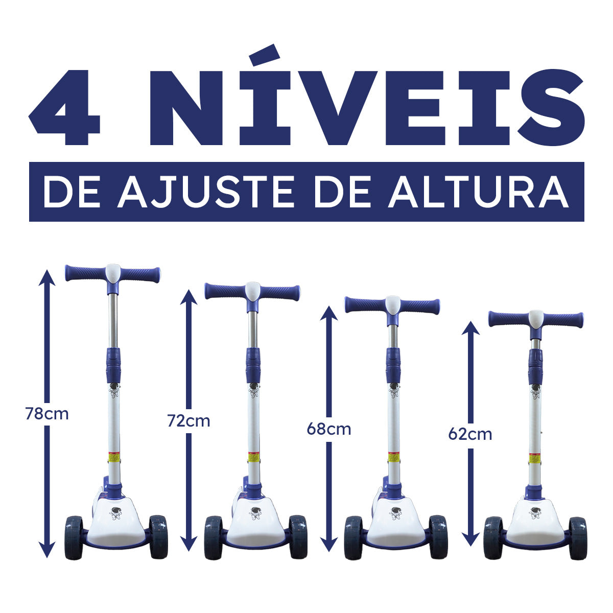 Patinete Premium Azul Menino 4 a 10 anos Até 80kg - Luz Musica Roda Gel Led 4 Alturas Rolamento de Aço - Inmetro