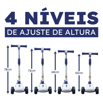 Patinete Premium Azul Menino 4 a 10 anos Até 80kg - Luz Musica Roda Gel Led 4 Alturas Rolamento de Aço - Inmetro