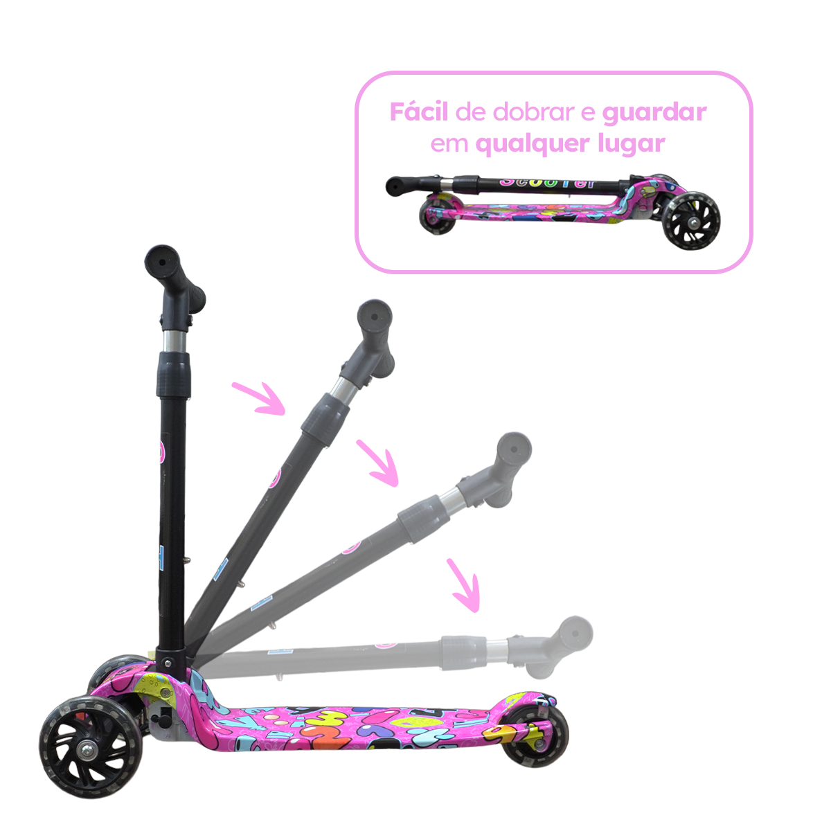 Patinete Menina Rosa Rodas LED Colorido Até 25kg | A partir de 3 Anos | Ajuste 4 Alturas | Dobrável | Cert Inmetro