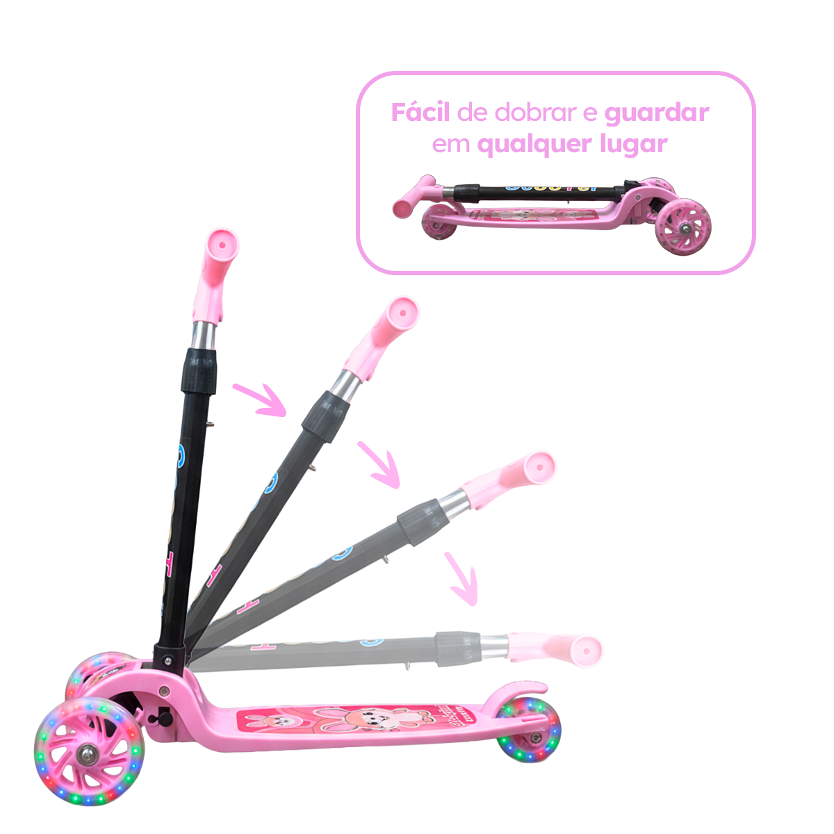 Patinete Menina Rosa Dobrável LED nas Rodinhas | Alumínio | +3 anos | Suporta até 25kg |Certificado Inmetro