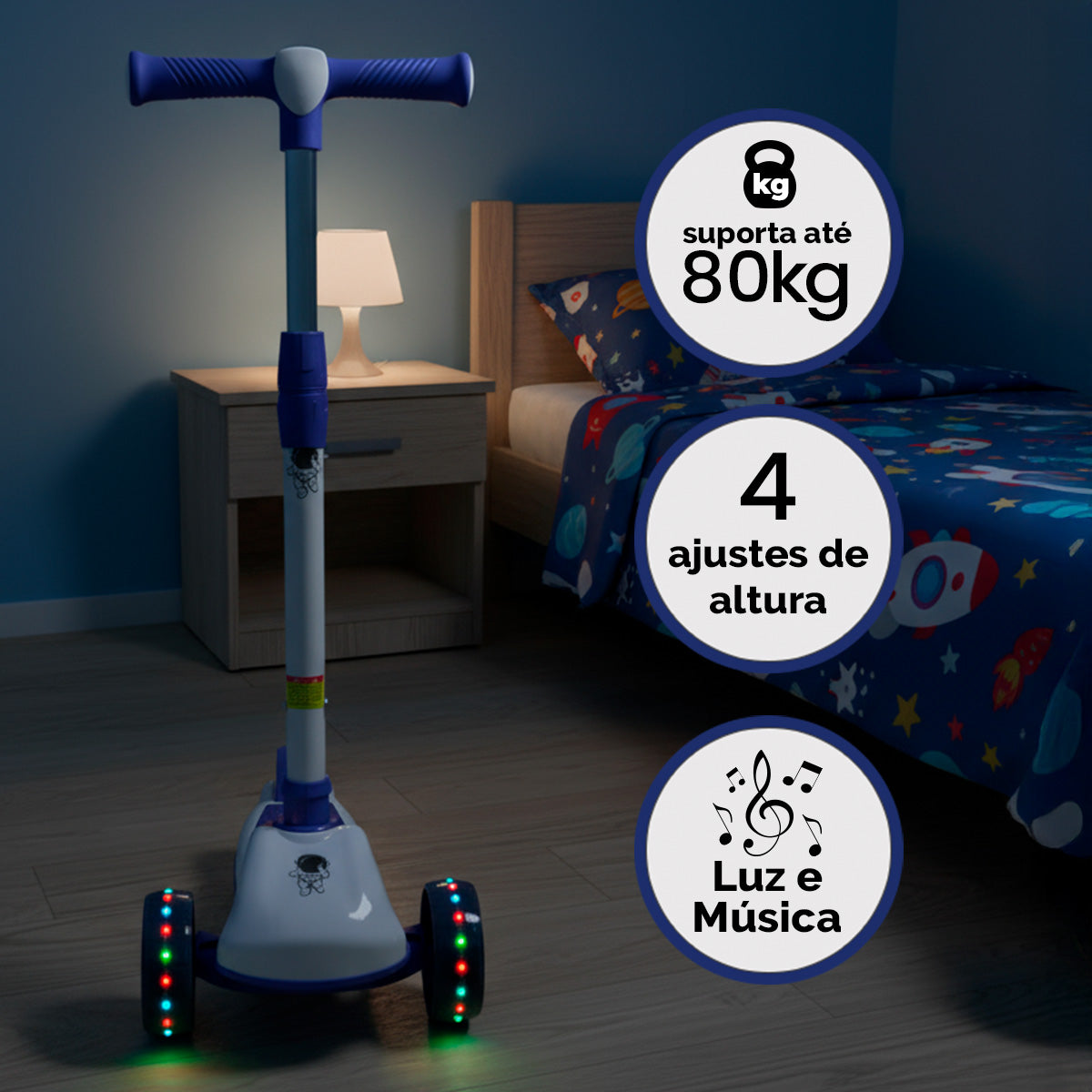 Patinete Premium Azul Menino 4 a 10 anos Até 80kg - Luz Musica Roda Gel Led 4 Alturas Rolamento de Aço - Inmetro