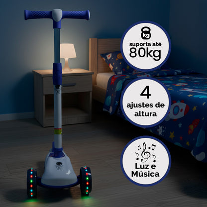Patinete Premium Azul Menino 4 a 10 anos Até 80kg - Luz Musica Roda Gel Led 4 Alturas Rolamento de Aço - Inmetro