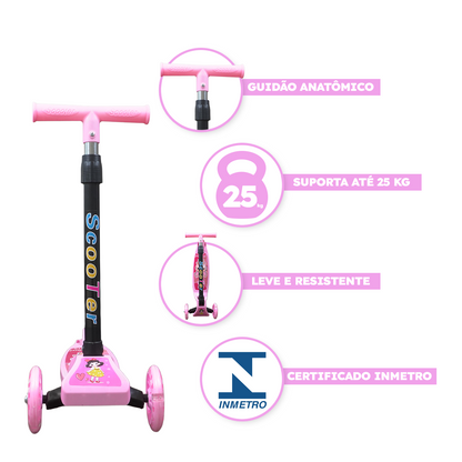 Patinete Menina Rosa Dobrável LED nas Rodinhas | Alumínio | +3 anos | Suporta até 25kg |Certificado Inmetro