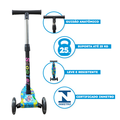 Patinete Infantil LED Menino Azul Até 25kg | A partir de 3 Anos | Ajuste 4 Alturas | Dobrável | Cert Inmetro