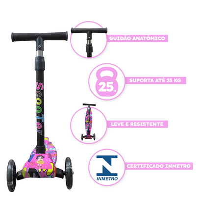 Patinete Menina Rosa Rodas LED Colorido Até 25kg | A partir de 3 Anos | Ajuste 4 Alturas | Dobrável | Cert Inmetro