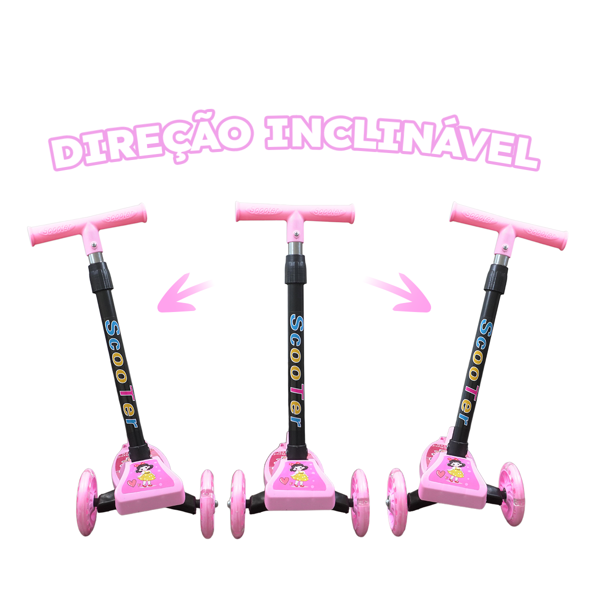 Patinete Menina Rosa Dobrável LED nas Rodinhas | Alumínio | +3 anos | Suporta até 25kg |Certificado Inmetro