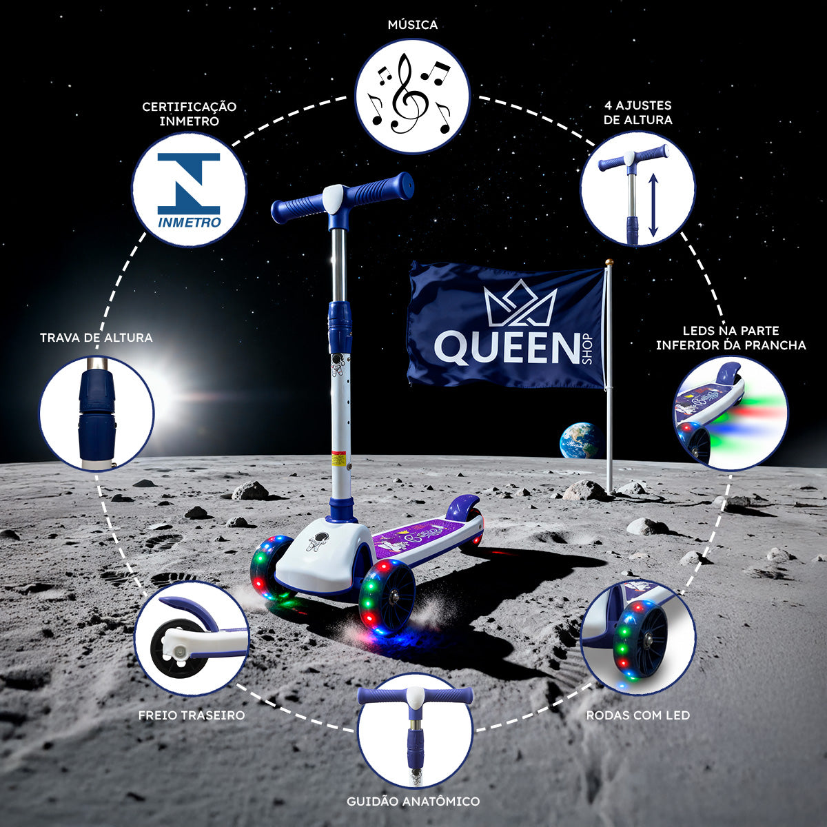 Patinete Premium Azul Menino 4 a 10 anos Até 80kg - Luz Musica Roda Gel Led 4 Alturas Rolamento de Aço - Inmetro