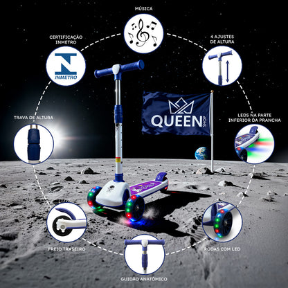 Patinete Premium Azul Menino 4 a 10 anos Até 80kg - Luz Musica Roda Gel Led 4 Alturas Rolamento de Aço - Inmetro