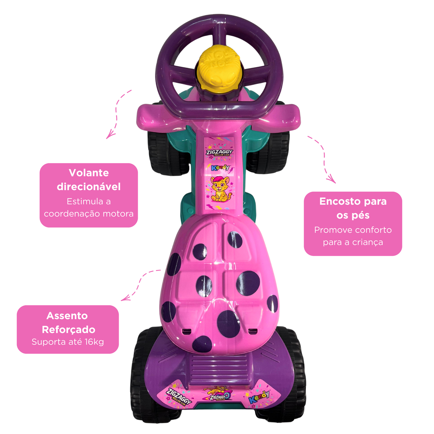 Carrinho Andador ZigZaggy Rosa Infantil Menina | +18 meses | 16Kg | Inmetro