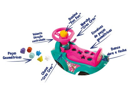 Andador Quadriciclo Infantil Menina Tiffany - Com Buzina, Volante, porta-objetos, 6 pçs Geométricas Educativas - Certificado Inmetro