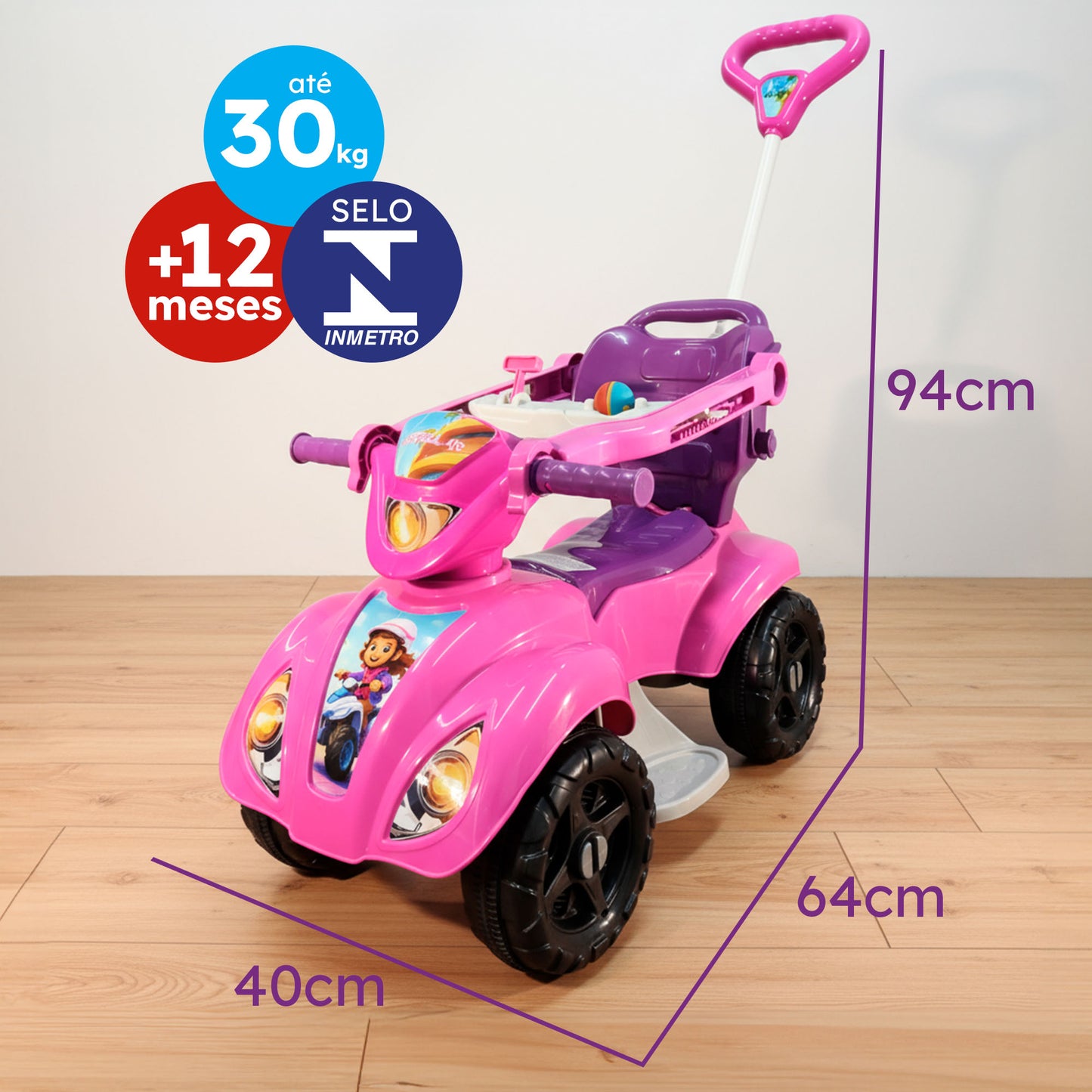 Quadriciclo Kendy Dog Menino 1 a 3 Anos - Até 30kg Carro Passeio Menino - Ajuste Altura e Profundidade