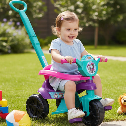 Motoca Triciclo Menina Tiffany - Utilizável de 1 a 3 anos - Completa C/ Empurrador, Pedais, Protetor e Apoio para Os Pés - Certificado Inmetro