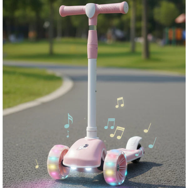 Patinete Premium Rosa Menina 4 a 10 anos - Até 80kg - Música, Luz e Roda Gel Led - 4 ajustes de Altura - Rolamento De Aço - Inmetro