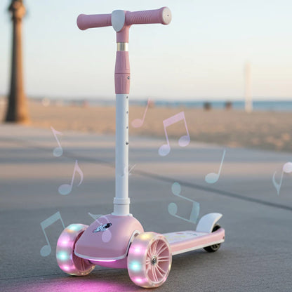 Patinete Premium Rosa Menina 4 a 10 anos - Até 80kg - Música, Luz e Roda Gel Led - 4 ajustes de Altura - Rolamento De Aço - Inmetro