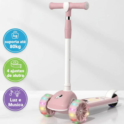 Patinete Premium Rosa Menina 4 a 10 anos - Até 80kg - Música, Luz e Roda Gel Led - 4 ajustes de Altura - Rolamento De Aço - Inmetro